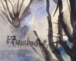 Póka Zsombori Erzsébet (1913-1997): Erdélyi téli táj. Akvarell, papír, jelzett. Hátoldalán román kiv...