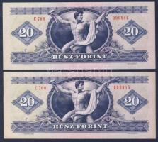 1975. 20Ft (2x) egymásutáni sorszámmal T:II+ Egyszer hajtva, törve nem!