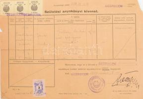 1949 Debrecen anyakönyvi kivonat 3x1ft városi és 3ft állami illetékbélyeggel