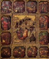 Húsvéti ünnepi ikon - Jézus pokolra szállása és feltámadása, körben ünnepekkel, sarkokon szentekkel....