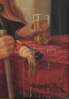 Veress Zoltán (1868-1935): A kocsmában. Olaj, vászon, jelzett, dekoratív keretben 50x40 cm