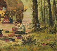 Veress Zoltán (1868-1935):Táborozók. Olaj, vászon, jelzett, dekoratív fakeretben. 40x50 cm