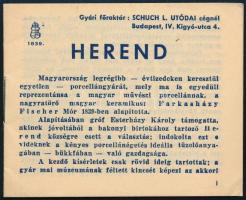 cca 1935 Herend, a porcelángyár rövid történetét, jelzéseit bemutató mini prospektus, tűzött papírkötés, jó állapotban, 16 p.