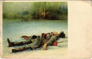 Elesett katona a hóban / military art postcard, dead soldier in the snow (EB)