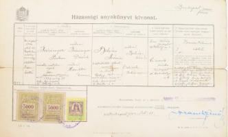 1924 Budapest anyakönyvi kivonat városi és állami illetékbélyegekkel