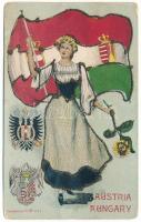 Osztrák-magyar címerek és zászló, hölggyel, csillámmal díszitett / Austria-Hungary. Flag and coats of arms with lady, glitter decorated. Viribus Unitis (kopott sarkak / worn corners)