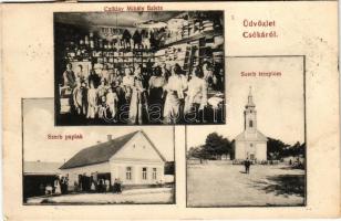 1913 Csóka, Coka (Torontál); Szerb templom és paplak, Cziklay Mihály üzlet belső és saját kiadása / Serbian church and rectory, shop interior