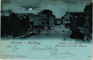 1900 Pozsony, Pressburg, Bratislava; Sétatér és városi színház, villamos. Schmidt Edgar kiadása / Promenade und städt. Theater / street, theatre, tram (szakadás / tear)