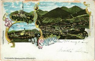 1901 Cajnice, Cajnica; Montenegriner Weg in die Türkei, Ornfica, Serb. Wallfahrtskirche mit Unterkunftshaus u. Schule, Sinanbegova mit Mauzolem / Serbian church, school, mosque. Karl Schwidernoch Art Nouveau, floral, litho (surface damage)