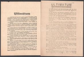 1944.XII.29 össz. 5 db II. világháborús, a szovjetek által terjesztett kétoldalas röplap a budapesti ostrom idejéből: Ultimátum (2 db, magyar és német nyelven) és Szovjet parlamenterek meggyilkolásával kapcsolatos (2 db magyar és 1 db német ny), részben szakadásokkal.