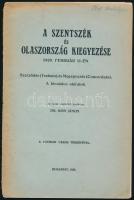 Szentszék és Olaszország kiegyezése 1929 február 11-én. Ford. Kiss János. A Vatikán város térképével. Bp., 1929, k.n. Kiadói papírkötés, sérült gerinccel, kissé sérült és kissé foltos borítón Mihályfi Ákos (1863-1937) teológiai doktor, 1916-1917-ben a Budapesti Tudományegyetem rektora, egyházi író ceruzás névbejegyzésével.