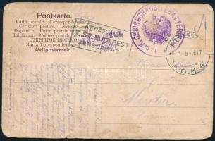 1917 Tábori posta képeslap Jeruzsálemből Mezőtúrra, többszörösen cenzúrázva / Field postcard from Jerusalem K.u.K. GEBIRGSHAUBITZBATTERIE 1/4