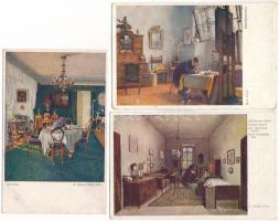 30 db régi művész képeslap: főleg nagypolgári szobabelsők / 30 pre-1945 art postcards: mainly room interiors