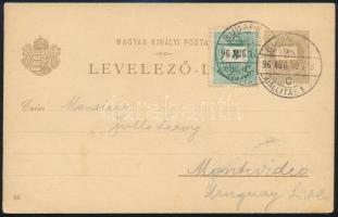 1896 2kr millenniumi díjjegyes levelezőlap Színesszámú 3kr díjkiegészítéssel Uruguayba / 2kr millennial PS-card with 3kr additional franking to Uruguay "BUDAPEST / KIÁLLÍTÁS 1. SZ."