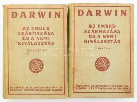 Charles Darwin: Az ember származása és a nemi kiválasztás I-II. kötet. Ford.: Dr. Entz Géza, Dr. Fülöp Zsigmond, Dr. Madzsar József. Bp.,1923, Athenaeum. Második kiadás. Kiadói félvászon-kötés, kissé kopott, kissé foltos borítóval, az I. kötet gerincén kis sérüléssel.