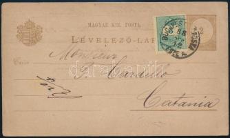 1888 2kr díjjegyes levelezőlap 3kr díjkiegészítéssel Szicíliába küldve / PS-card with additional franking to Catania "BUDAPEST FŐPOSTA / ESTE A."