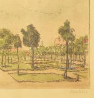 Péter Mária (1904-1990): Vízparti sétány. Akvarellel színezett rézkarc, papír, jelzett, üvegezett fa...