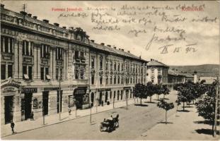 1912 Kolozsvár, Cluj; Ferenc József út, Első Magyar Általános Biztosító Társaság, Baktay I., Fesztinger Dávid, Tordai Viktor üzlete, fogyasztási szövetkezet. Schuster Emil kiadás / street view, savings bank, shops