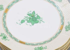 Herendi Apponyi zöld mintás nagytányér szett, 6 darab, jelzett, hibátlan, d: 25,5 cm