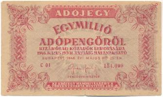 1946. 1.000.000AP 6 jegyű sorszámmal, hátoldalon fordított címerrel T:F,VG szakadás, folt, tűlyuk