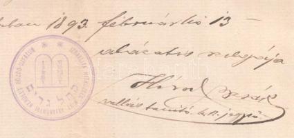 1893 Bözödújfalui izraelita hitközség (Erdély) bélyegzős levele