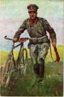 1915 Italian military art postcard, soldier with bicycle (gyűrődés / crease)