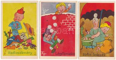 3 db régi humoros katonai művészlap gyerekekkel / 3 pre-1945 military humour art postcards with children