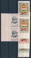 1953 Marx + 1958 Népköztársasági címer ívszéli vágott párok (26.000) / Mi 1305 + 1528-1530 imperforate margin pairs