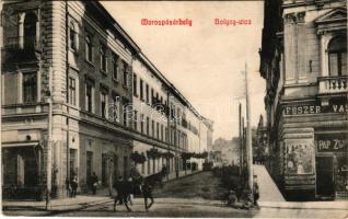 1909 Marosvásárhely, Targu Mures; Bolyay (Bolyai) utca, Pap üzlete / street view, shop + "MAROS-VÁSÁRHELY - KOCSARD 131. SZ." vasúti mozgóposta bélyegző (EK)