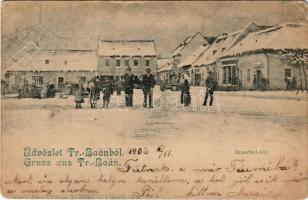 1902 Bán, Trencsénbán, Bánovce nad Bebravou; Erzsébet tér télen, piac, üzletek. Fuchs Vilmos kiadása / square in winter, market, shops (EM)