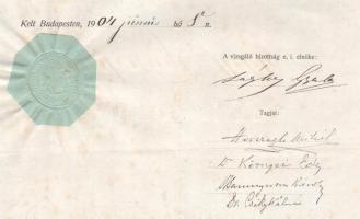 1904 Államvizsgálati bizonyítvány Radványi Miklós trencséni levéltáros részére, öt aláírással