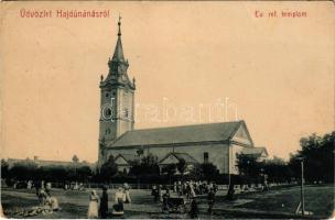 1908 Hajdúnánás, Református templom, piac. W.L. (?) 2128. (fa)