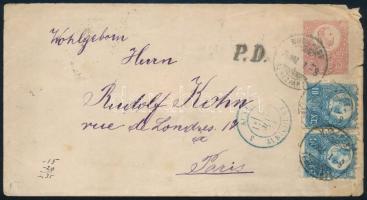 1874 5kr díjjegyes boríték 2 x Réznyomat 10kr díjkiegészítéssel Párizsba "BUDAPEST / TERÉZVÁROS" / 5kr PS-cover with 2 x 10kr additional franking to Paris