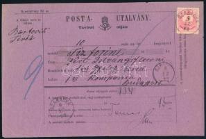 1877 Postautalvány távirat útján 5kr bérmentesítéssel "SZABADKA" - Budapest / Money order for telegram form with 5kr franking