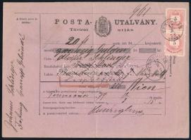 1877 Postautalvány távirat útján 5kr pár érmentesítéssel "TEMESVÁR / VÁROS" - Wien / Money order for telegram form with 5kr pair franking