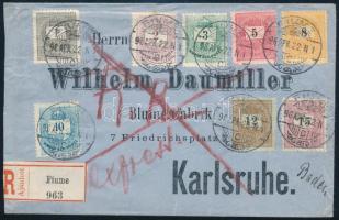 1896 Dekoratív ajánlott expressz 4. súlyfokozatú levél 8 bélyeges bérmentesítéssel Badenbe / Registered express 4th weight class cover with 8 stamps "FIUME" - "KARLSRUHE"