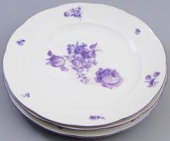 Meissen 3 darab lila virágmintás tál, egyiken repedéssel, jelzett, kopott, d: 24 cm