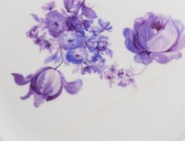 Meissen 3 darab lila virágmintás tál, egyiken repedéssel, jelzett, kopott, d: 24 cm