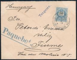 1899 Peterdi hajóposta levél Valonaból 10kr bérmentesítéssel / Peterdy sea mail cover with 10kr from "VALONA / OESTERREICHISCHE POST", kék / blue "Tengeren" vonal bélyegzéssel + kék / blue "Paquebot." - Fiume