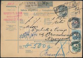 1896 Teljes csomagszállító Színes- 3kr, 10kr és Feketeszámú 1Ft vegyes bérmentesítéssel New Yorkba küldve "BUDAPEST VÁCZI KÖRÚT" / Complete parcel card with mixed franking to New York