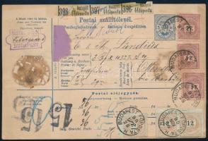 1890 Teljes csomagszállító 3 csomagról 3 x 12kr és 3 x 24kr bérmentesítéssel Németországba "BUDAPEST FŐPOSTA" / Complete parcel card with 6 stamps franking to Germany