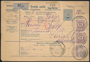 1900 Teljes csomagszállító 2 x 24kr és Turul 4f vegyes bérmentesítéssel Svájcba küldve "NAGY-MARTON" / Complete parcel card with mixed franking to Switzerland