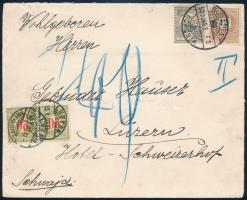 1900 Levél Feketeszámú 12kr és Turul 1f vegyes bérmentesítéssel Budapestről Svájcba, ott portózva / Cover with mixed franking from "BUDAPEST / FŐPOSTA" to "LUZERN" with postage due stamps