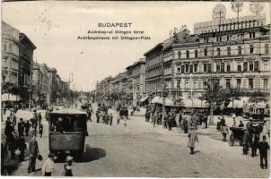 1915 Budapest VI. Andrássy út Oktogon térrel, villamos, Bass Sarolta női ruhaterme, üzletek (vágott / cut)