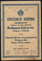 Kriegner Korona gyógyszertár Bp. Kálvin tér receptboríték, 19,5×13,5 cm