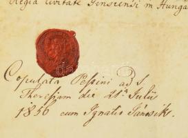 1851 4 db szignettás okmány 3,6,15kr szignettákkal, közötte pécsi vonatkozású bizonyítvány Szokoly P...