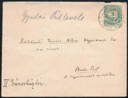 1893 Színes számú 3kr erősen festékfoltos bélyeg elkenődött gyöngyökkel helyi levélen "BUDAPEST"