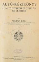 Weiner Emil: Autó-kézikönyv. Az autó szerkezete, kezelése és vezetése. Bp.,1929, Műszaki Könyvkiadó és Sokszorosító Intézet ("Otthon"-ny.), 613+(3) p. Szövegközi fekete-fehér ábrákkal, korabeli reklámokkal. "Elite Könyvötészet. Vörös István könyvkötőmester" címkéjével. Átkötött félvászon-kötésben, kopott borítóval, régi bélyegzéssel.