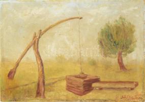 Iványi Grünwald Béla jelzéssel: Gémeskút. Olaj, farost. Kissé sérült. 43x61 cm