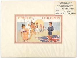 cca 1920 Margaret Tarrant (1888-1959): "Foreign Children". Színes nyomat (fotolitográfia), papír. Paszpartuban, bontatlan fóliában, látható méret: 9x15 cm, teljes: 19,5x26,5 cm